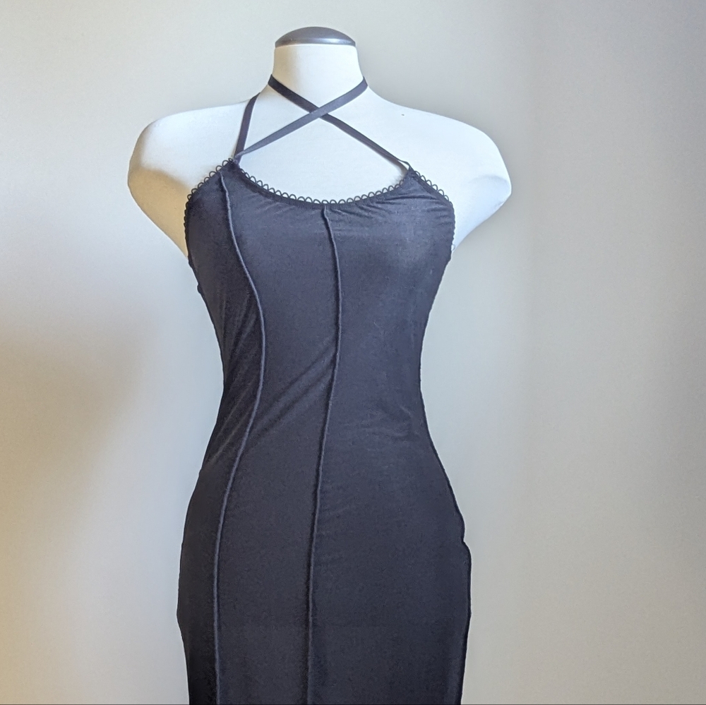 Y2K Black Halter Neck Midi Dress Strap 2000s Bodycon Party Cocktail Raw Edge - Picture 6 of 15